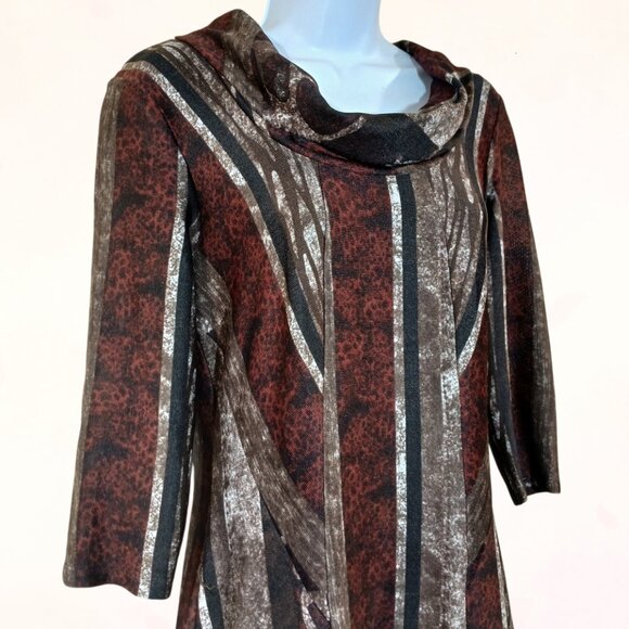 ROBBIE BEE Cowl Neck A-Line Multicolor Lined 3/4 Sleeve Stretch Midi Dress Sz L - Picture 3 of 12